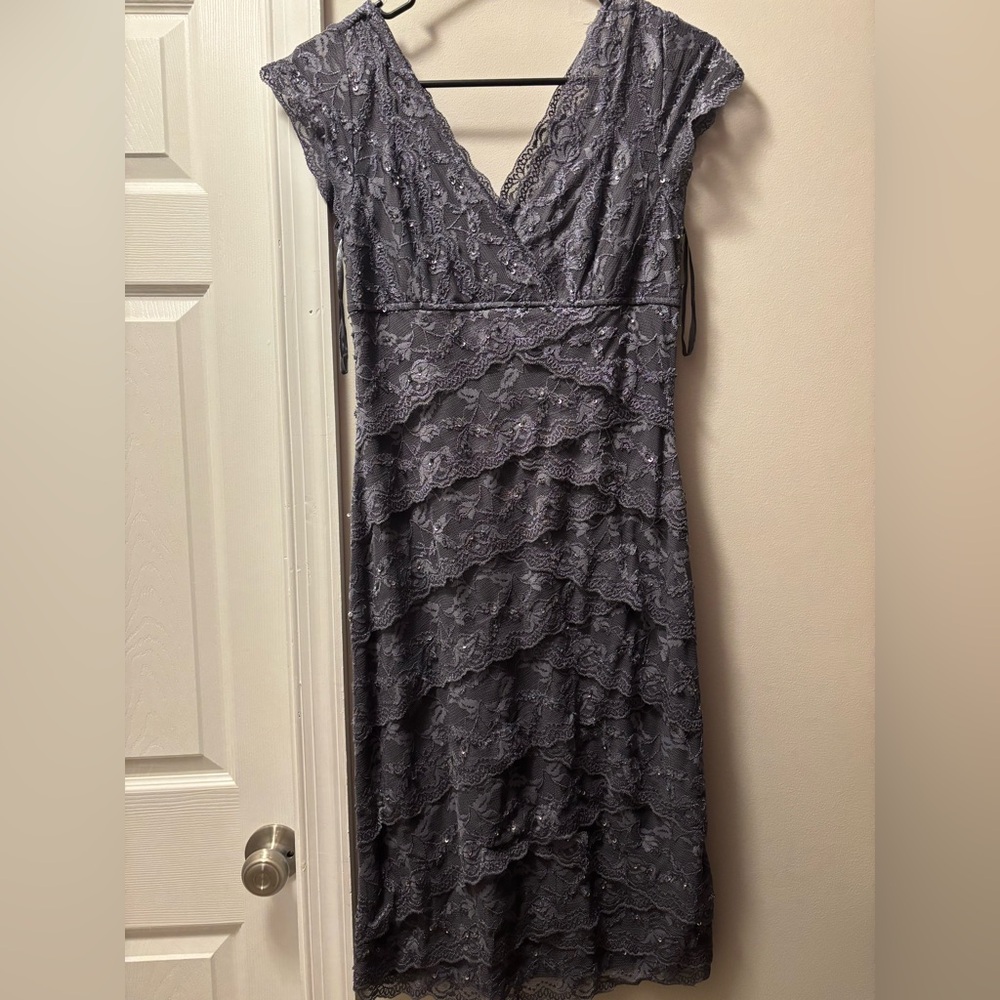 MARINA Lace V-Neck Midi Dress in Gray